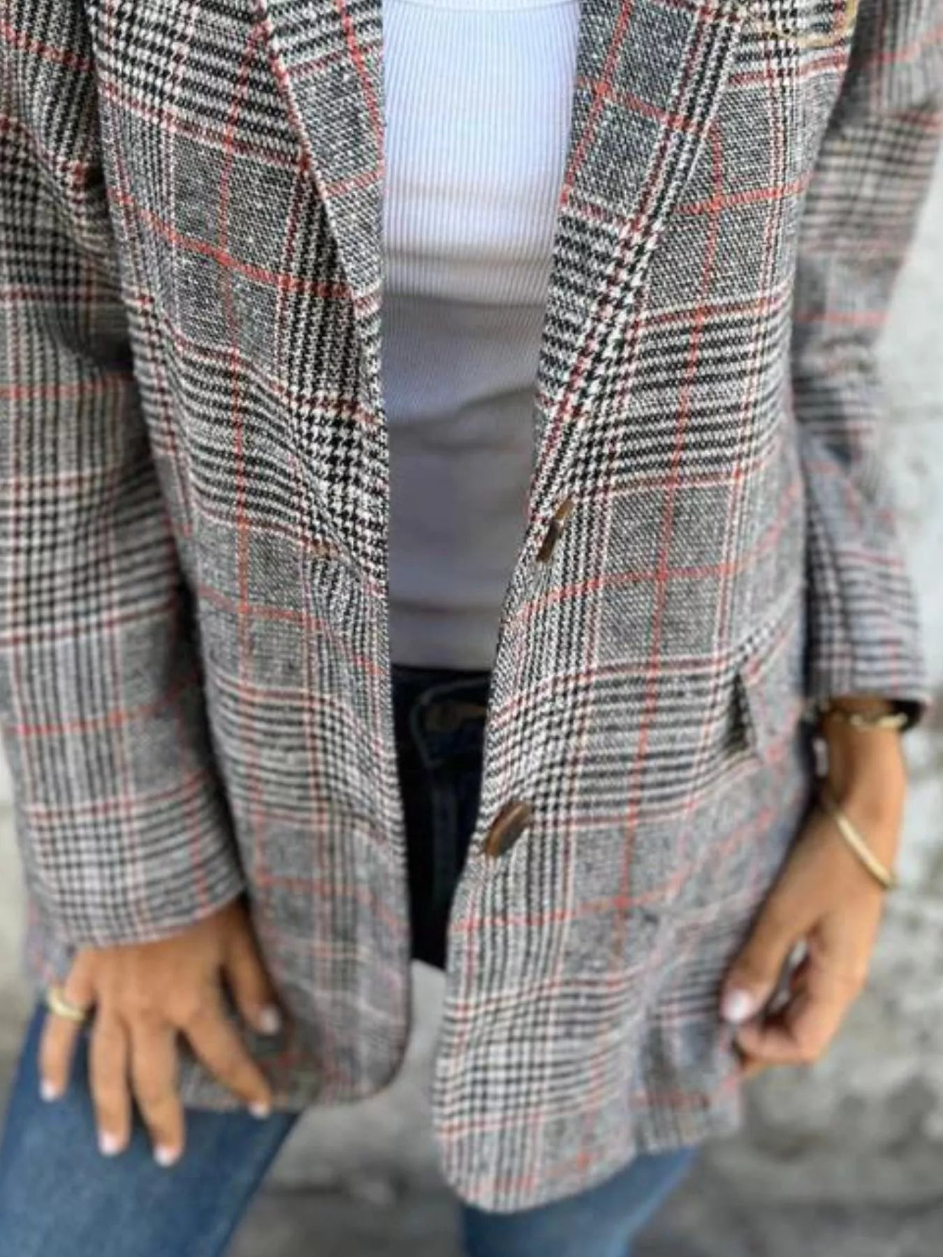 Full Size Plaid Single-Breasted Long Sleeve Blazer Plus Size 