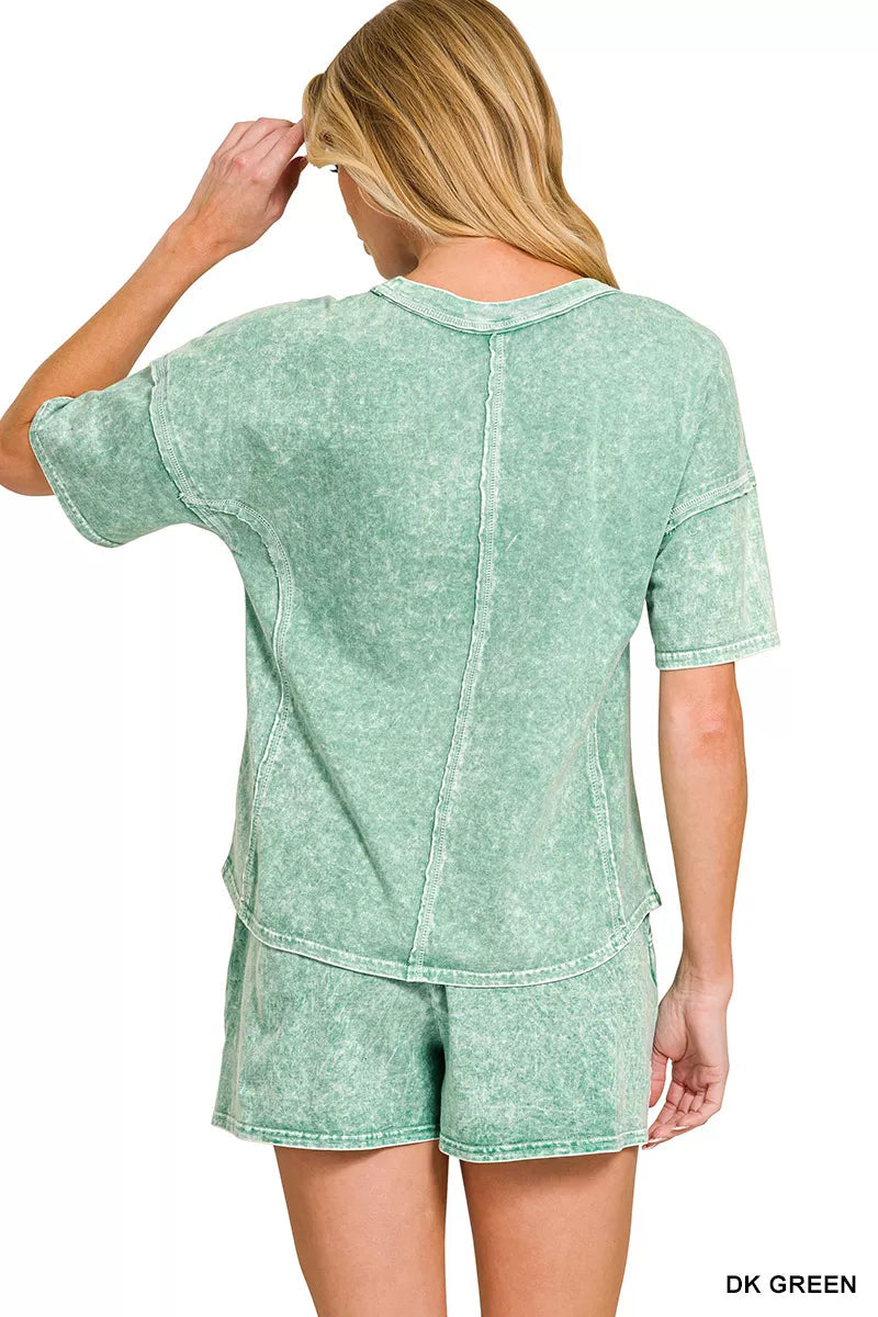 Zenana Halo Snow Washed Short Sleeve Tee and Shorts Set 