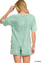 Zenana Halo Snow Washed Short Sleeve Tee and Shorts Set 