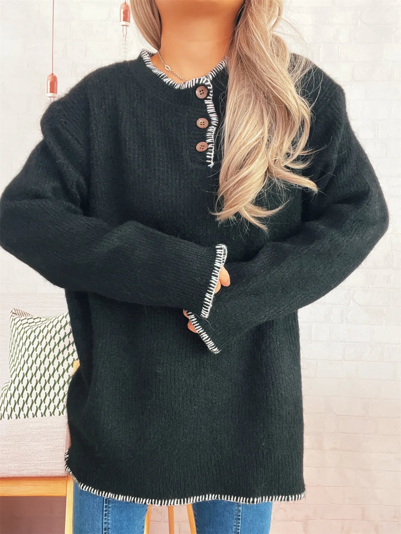 Ribbed Button Detail Long Sleeve Sweater 