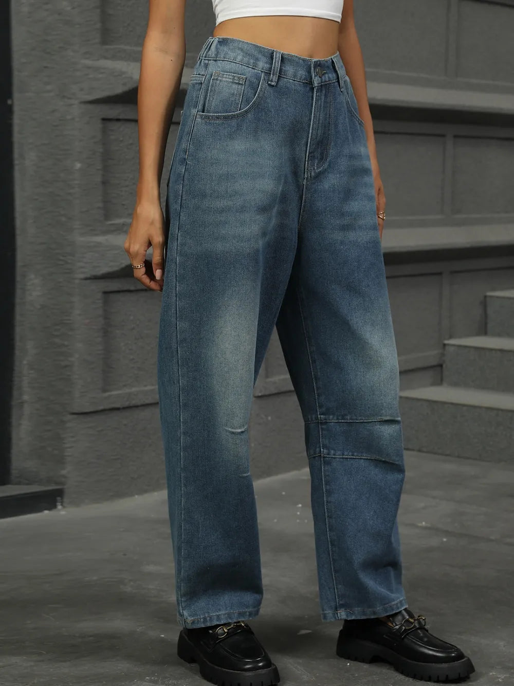 Half Elastic Waist Straight Leg Jeans 