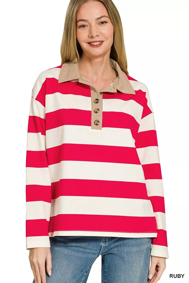 Zenana Striped Contrast Collar Polo Top 