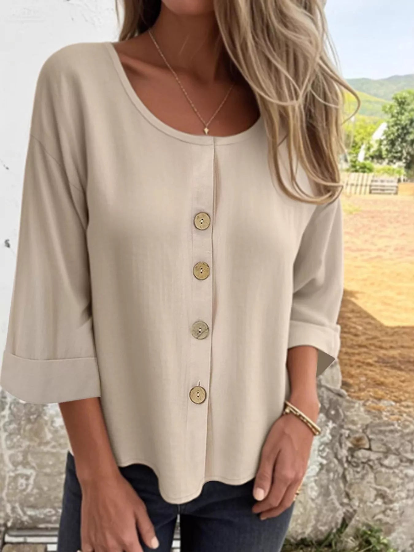 Full Size Button-Front 3/4 Sleeve Casual Blouse Plus Size 
