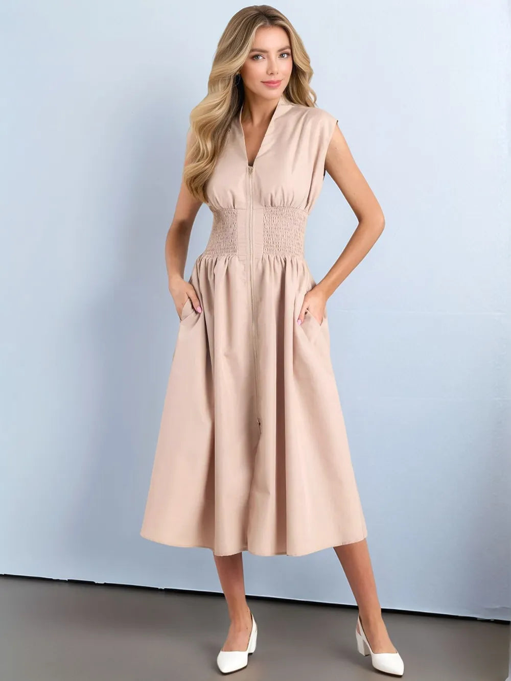 Smocked Zip Front Cap Sleeve Dress 