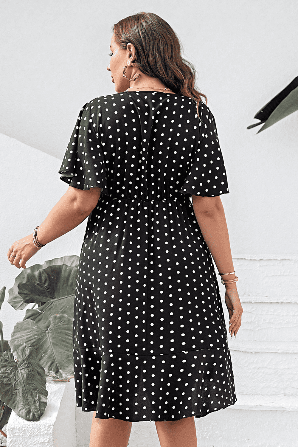 Plus Size Polka Dot Flutter Sleeve Dress 