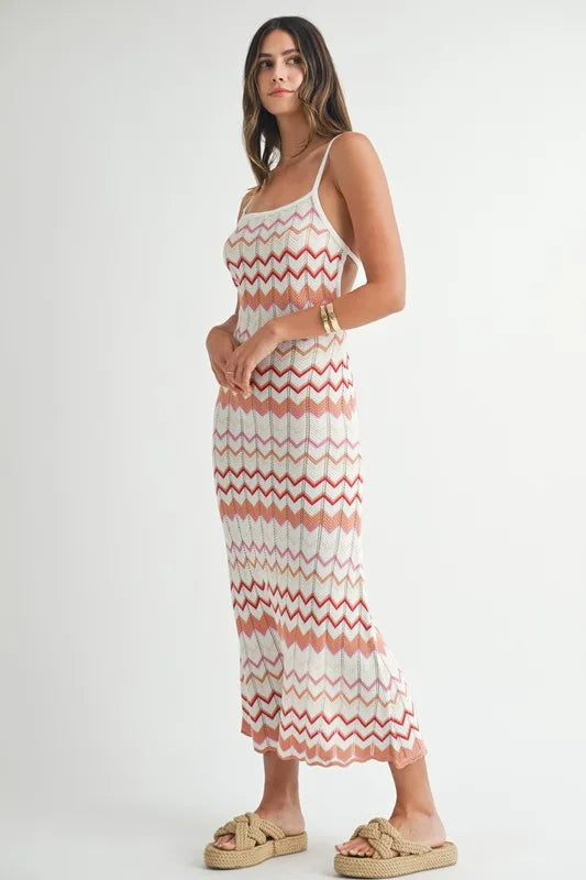 MABLE Lightweight Pointelle Chevron Knit Maxi Dress 