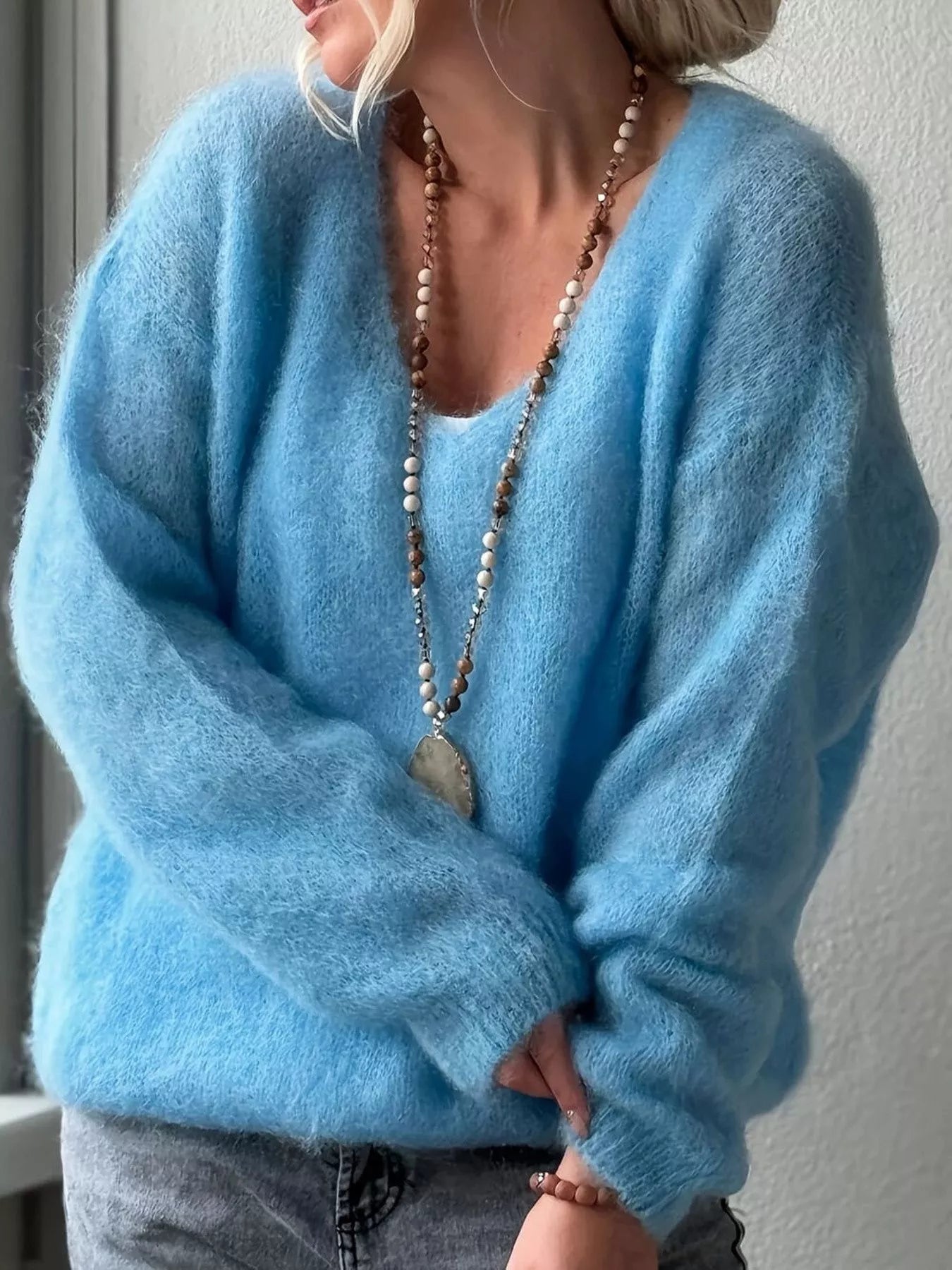 V-Neck Dropped Shoulder Sweater 