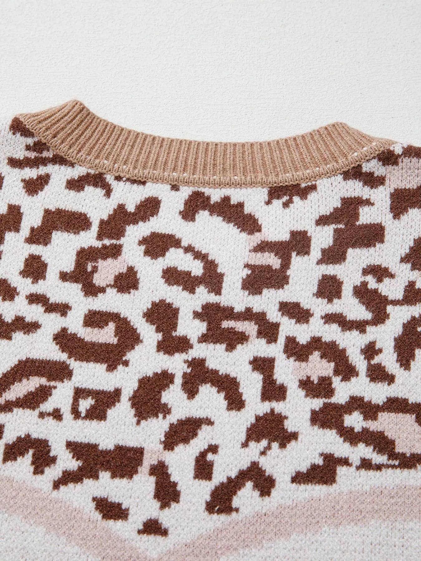 Leopard Color Block Knit Round Neck Baggy Sweater 