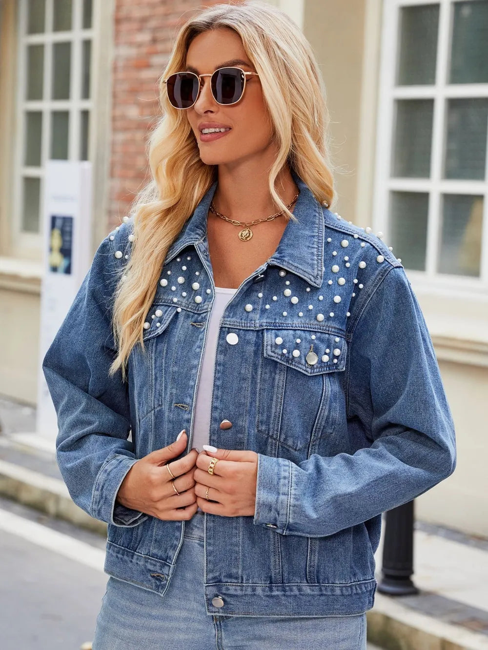 Pearl Detail Collared Neck Long Sleeve Denim Jacket 