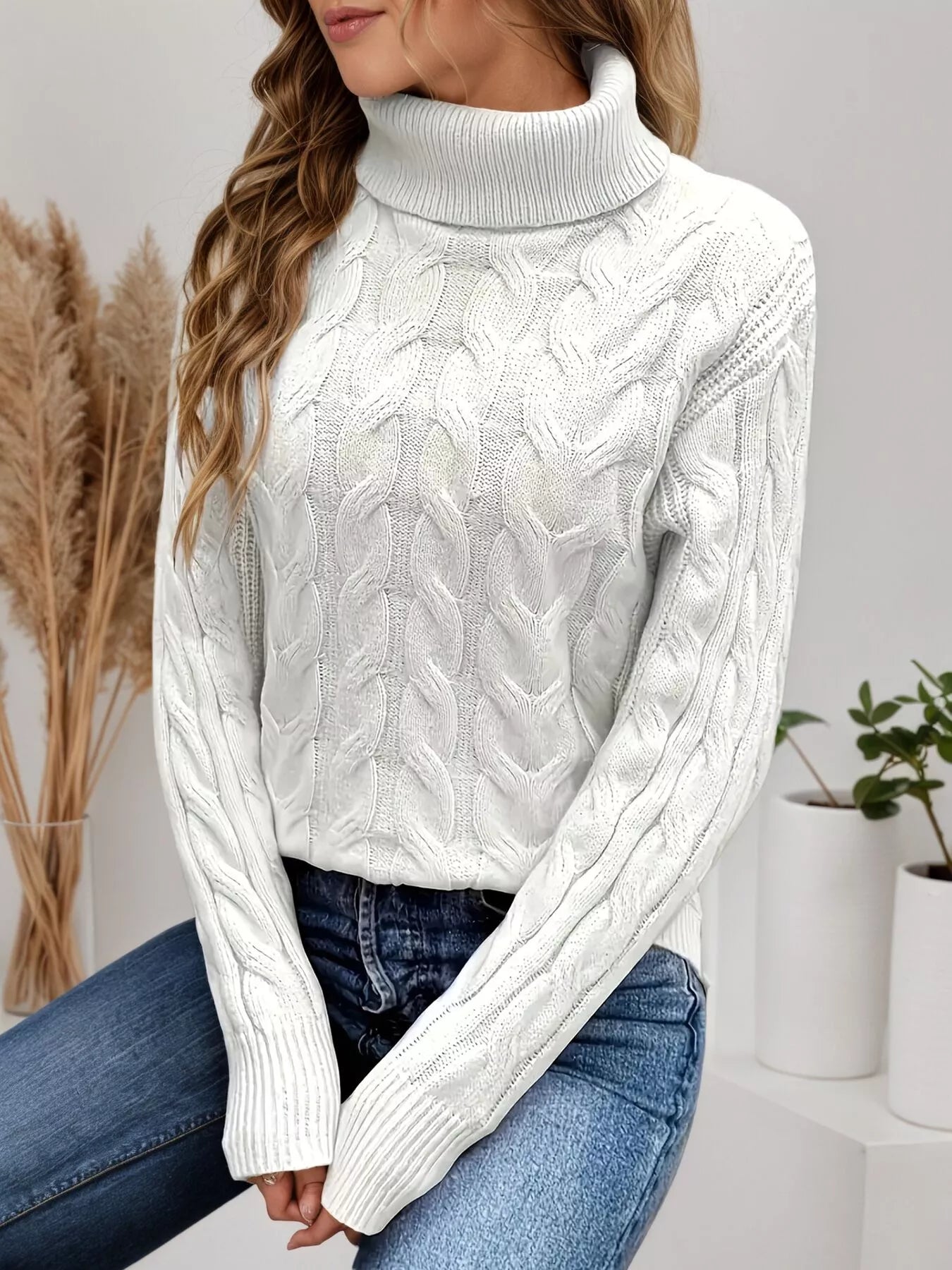 Cable Knit Turtleneck Long Sleeve Sweater 
