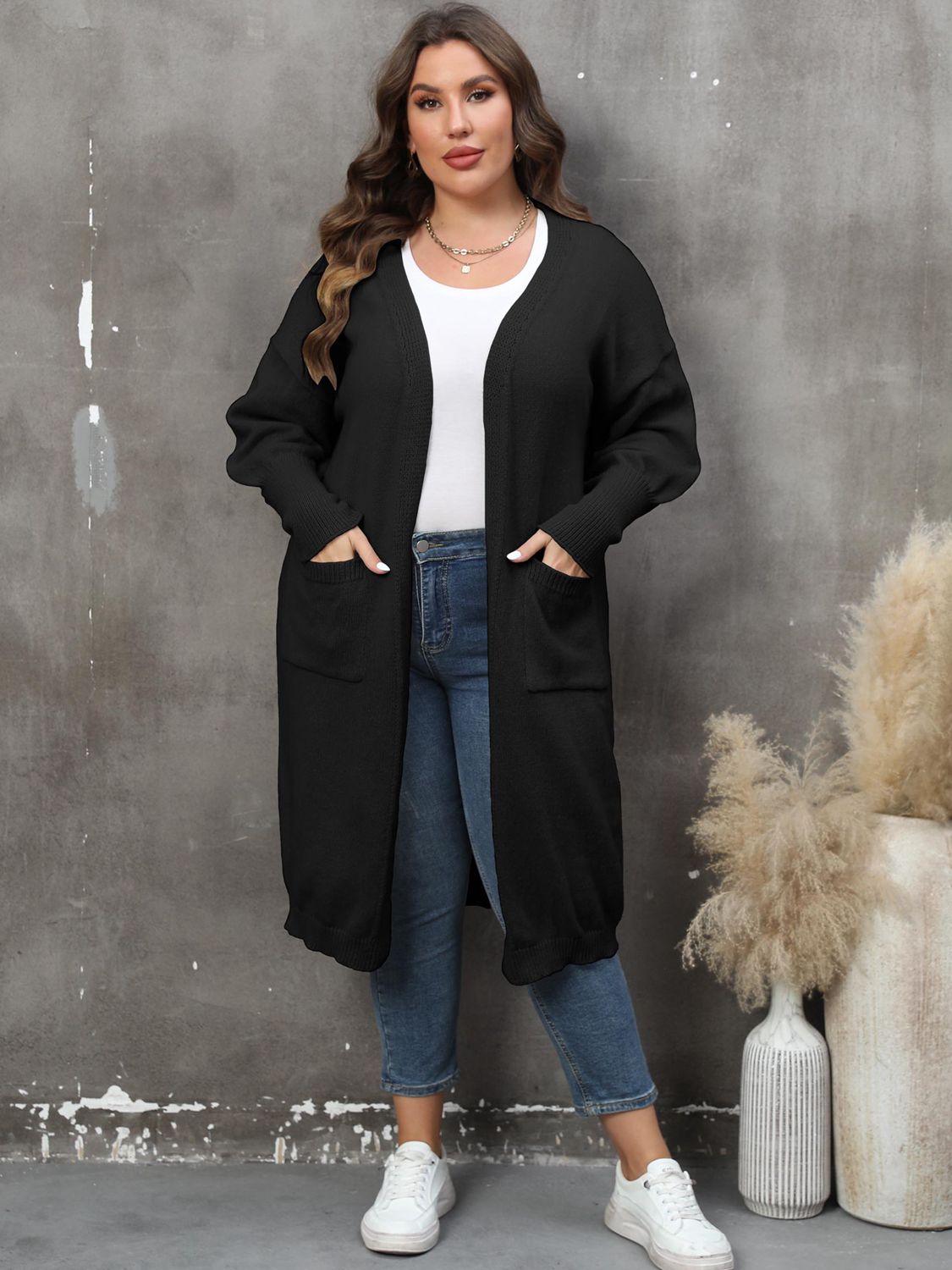 Plus Size Long Sleeve Pocketed Cardigan 