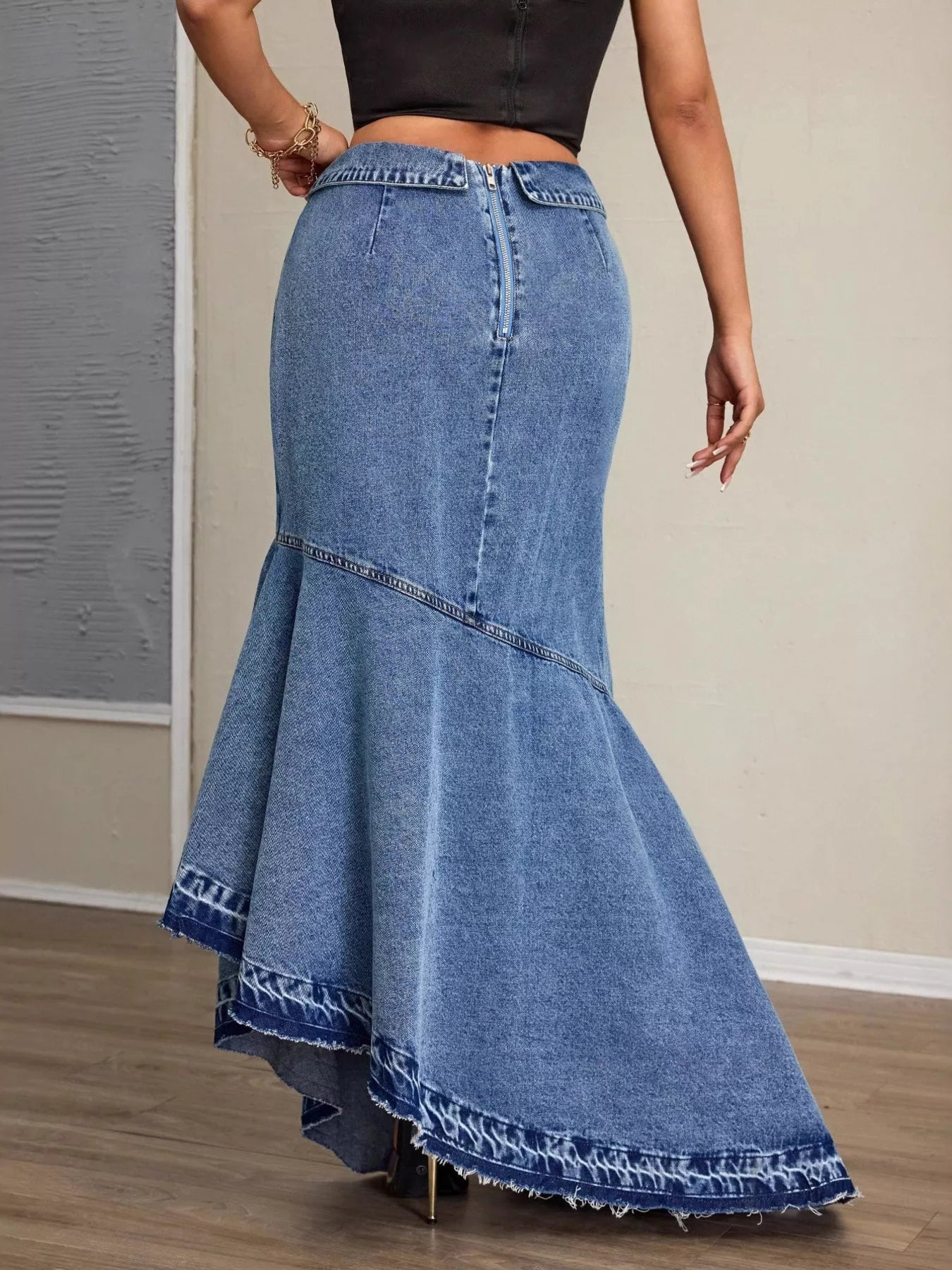 High-Waist Asymmetrical Slit Denim Maxi Mermaid Skirt 