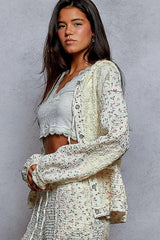 POL Floral Balloon Sleeve Hooded Lace Jacket with Stitch Detail 
