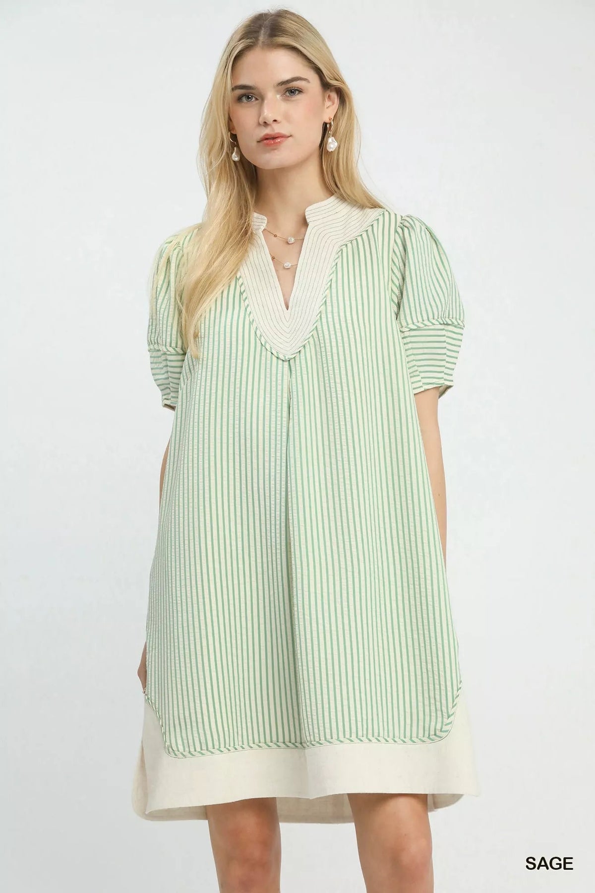Umgee Pinstripe Shift Dress with Contrast Trim 