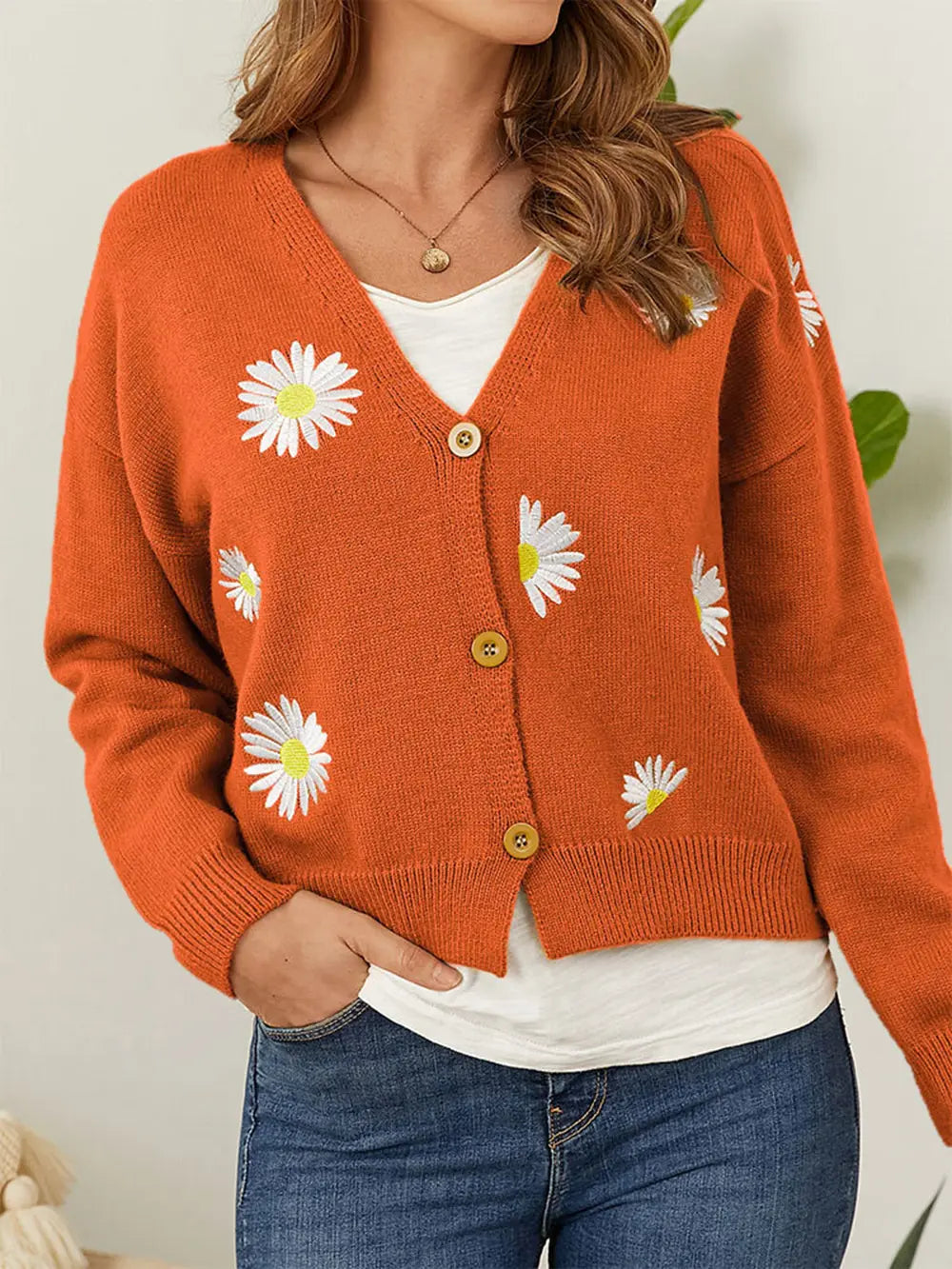 Flower Button Front Dropped Shoulder Cardigan 