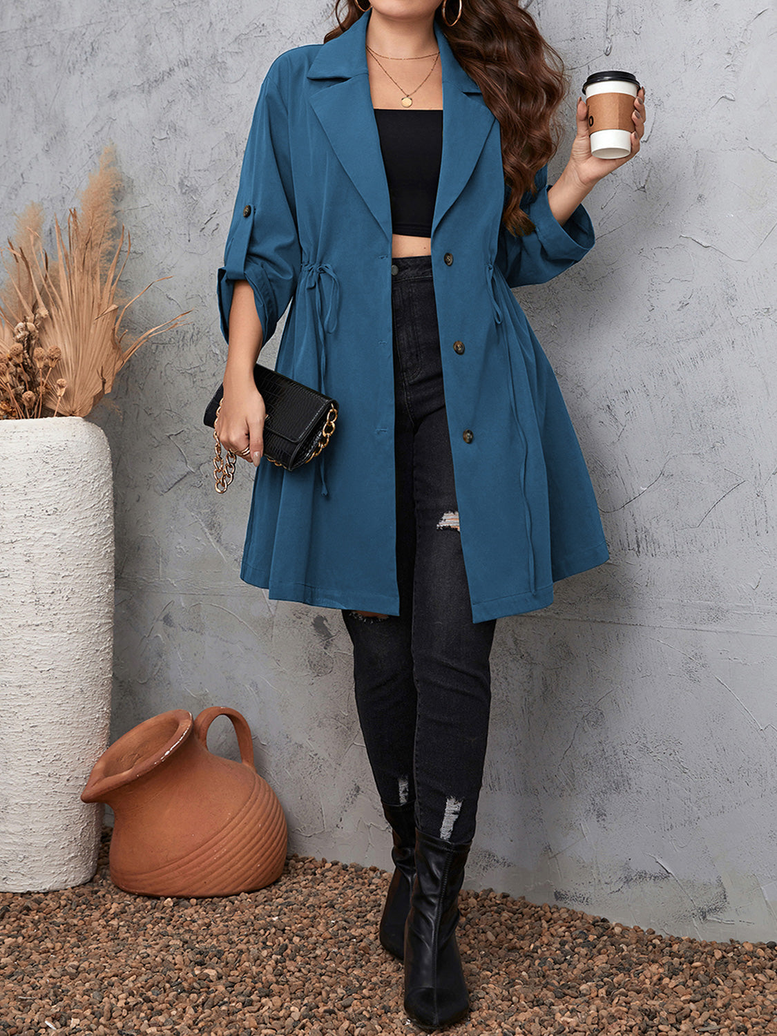 Honey Plus Size Lapel Collar Drawstring Roll-Tab Sleeve Trench Coat 