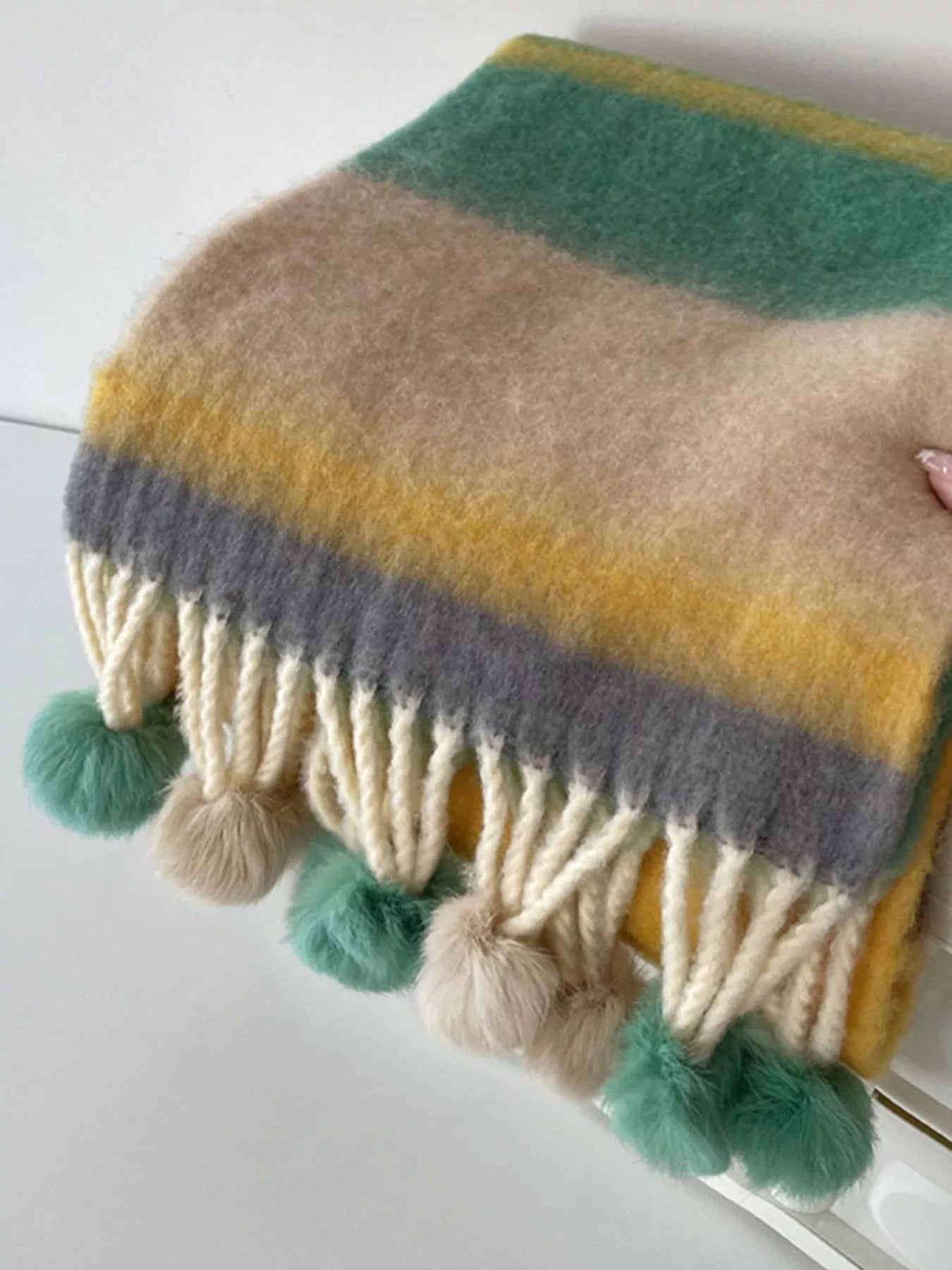 Rainbow Striped Fuzzy Scarf with Pom-Poms 