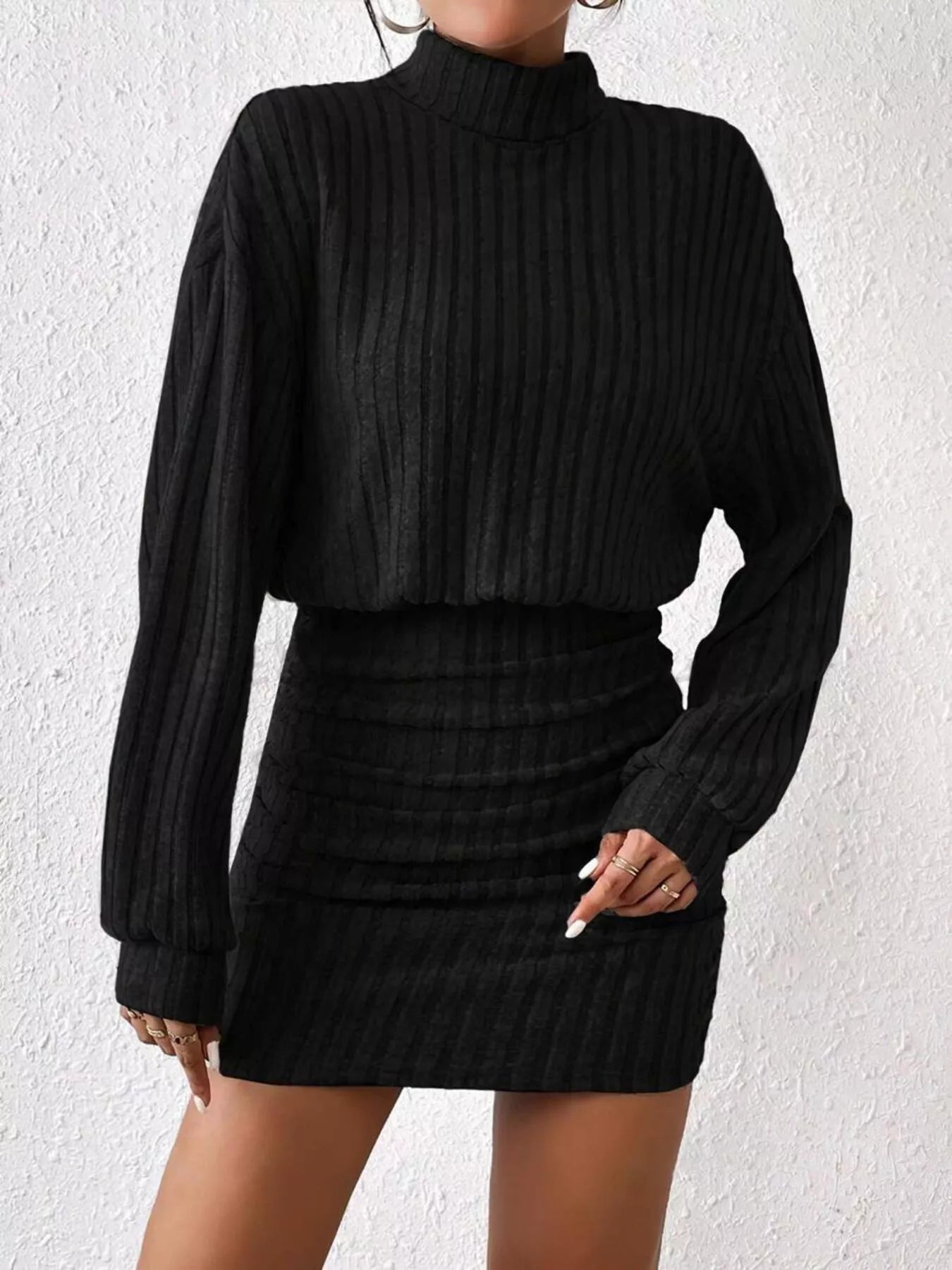 Ribbed Turtleneck Long Sleeve Sweater Dress 