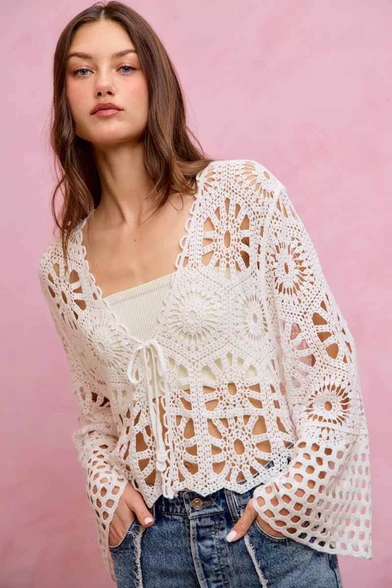 SO ME Floral Pattern Crochet Knit Tie Front Crop Cardigan 