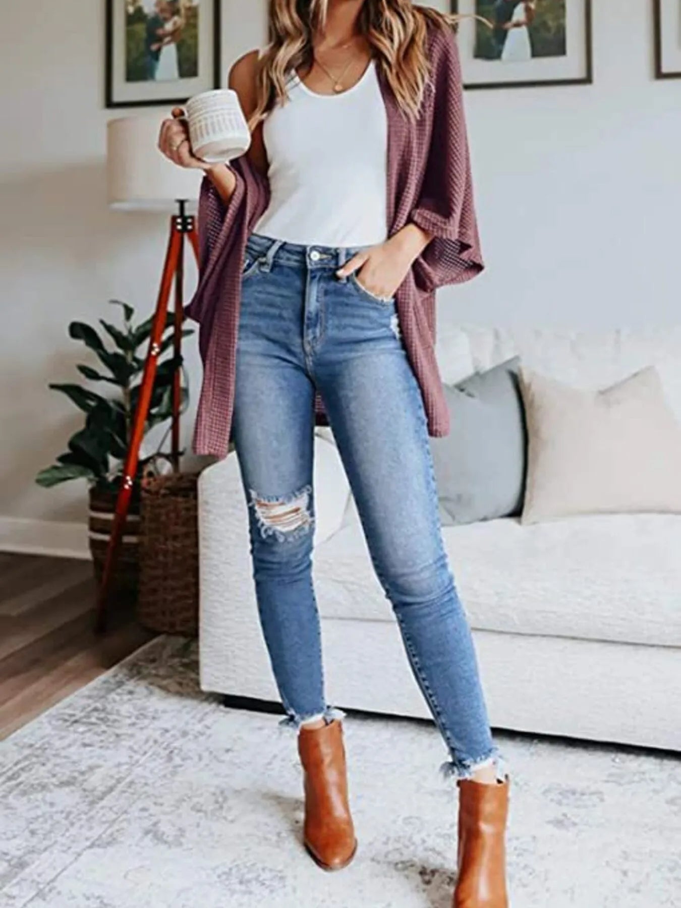 Full Size Open Front Waffle Knit Cardigan Plus Size 