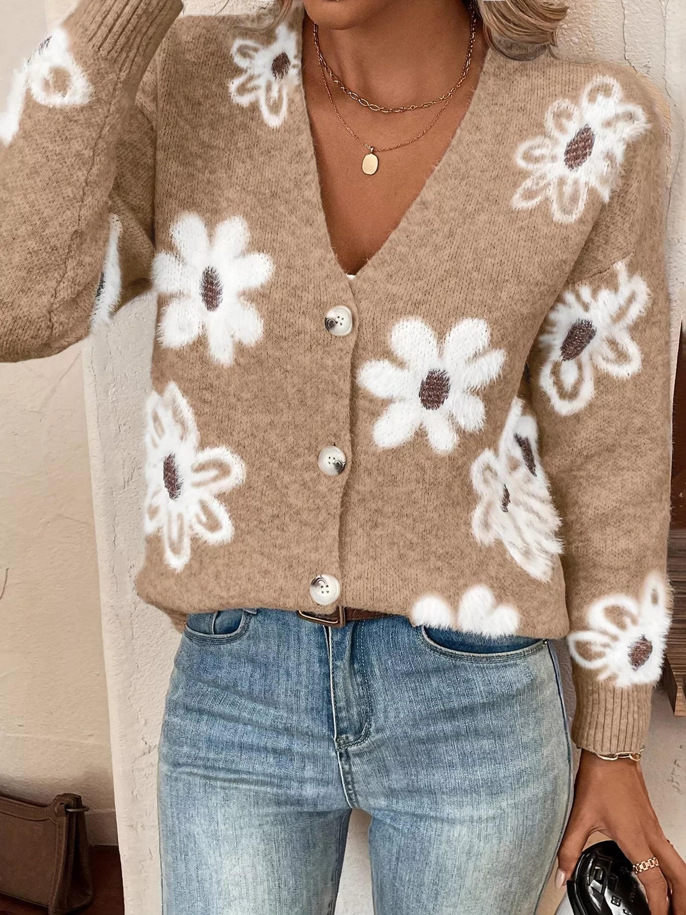 Floral Print Button-Up Knit Cardigan 