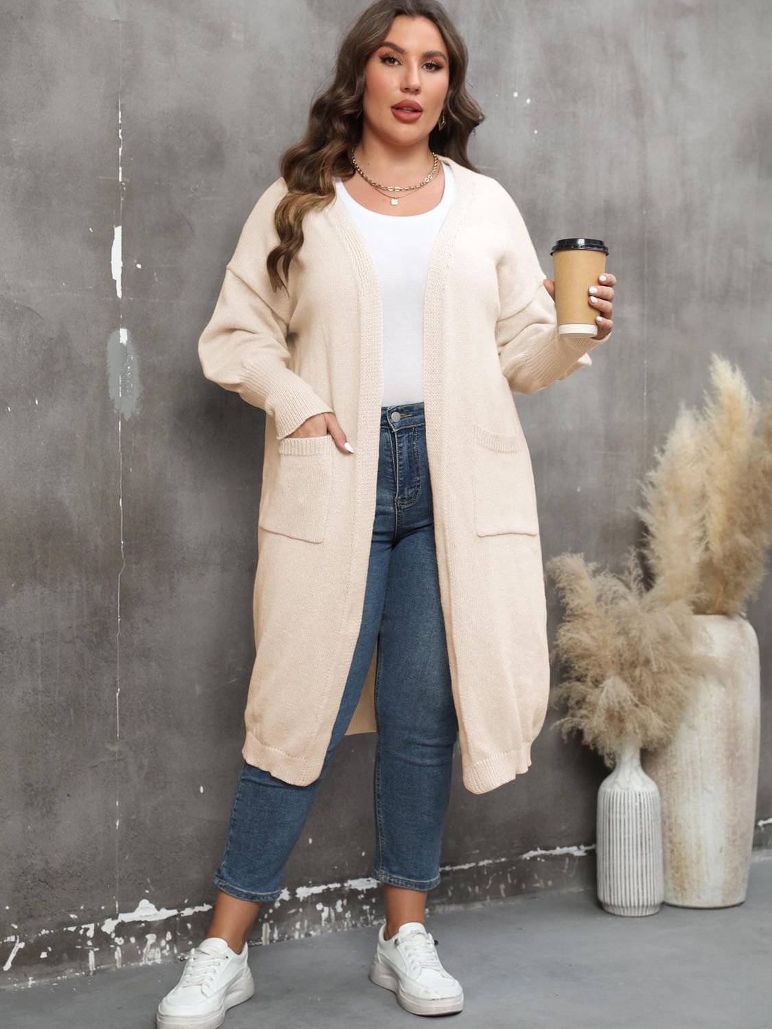 Plus Size Long Sleeve Pocketed Cardigan 