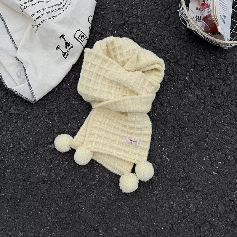 Waffle Knit Pom-Pom Scarf 