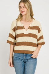Zenana Split Neck Stripe Sweater 