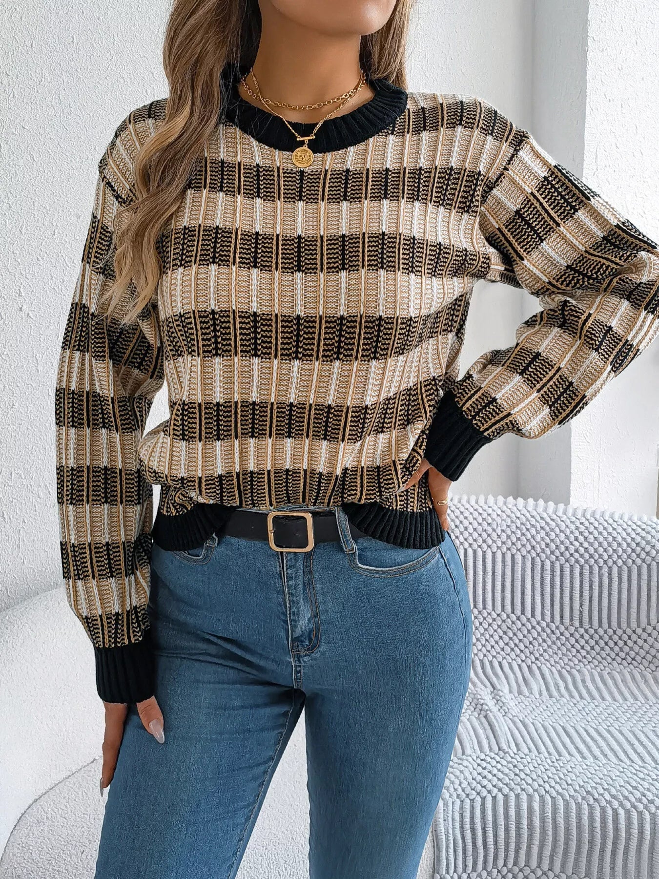 Striped Round Neck Long Sleeve Sweater 