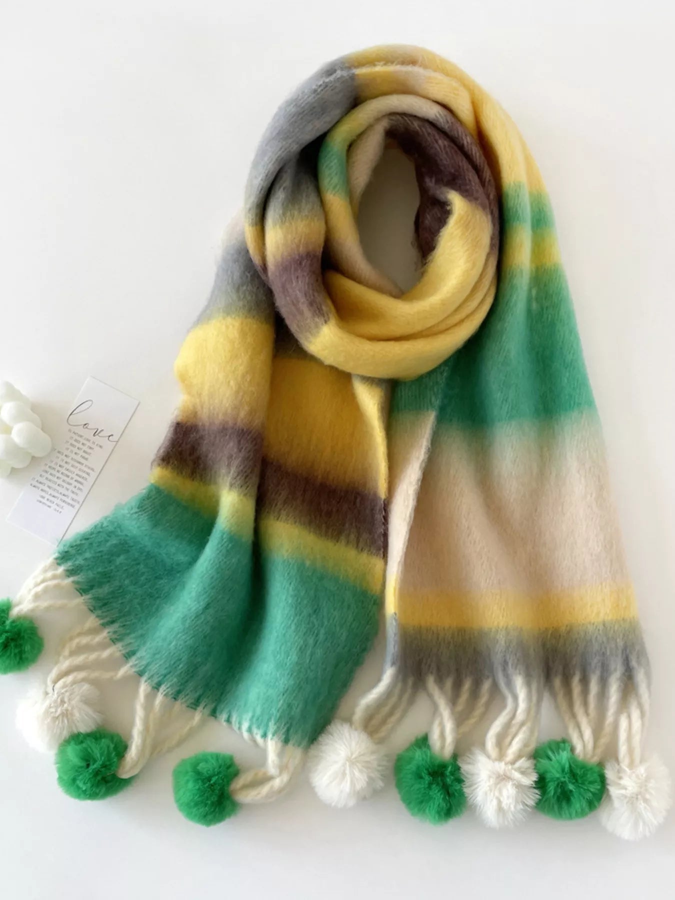Rainbow Striped Fuzzy Scarf with Pom-Poms 