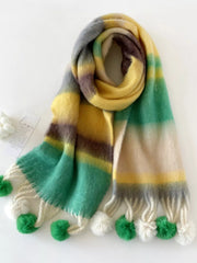 Rainbow Striped Fuzzy Scarf with Pom-Poms 