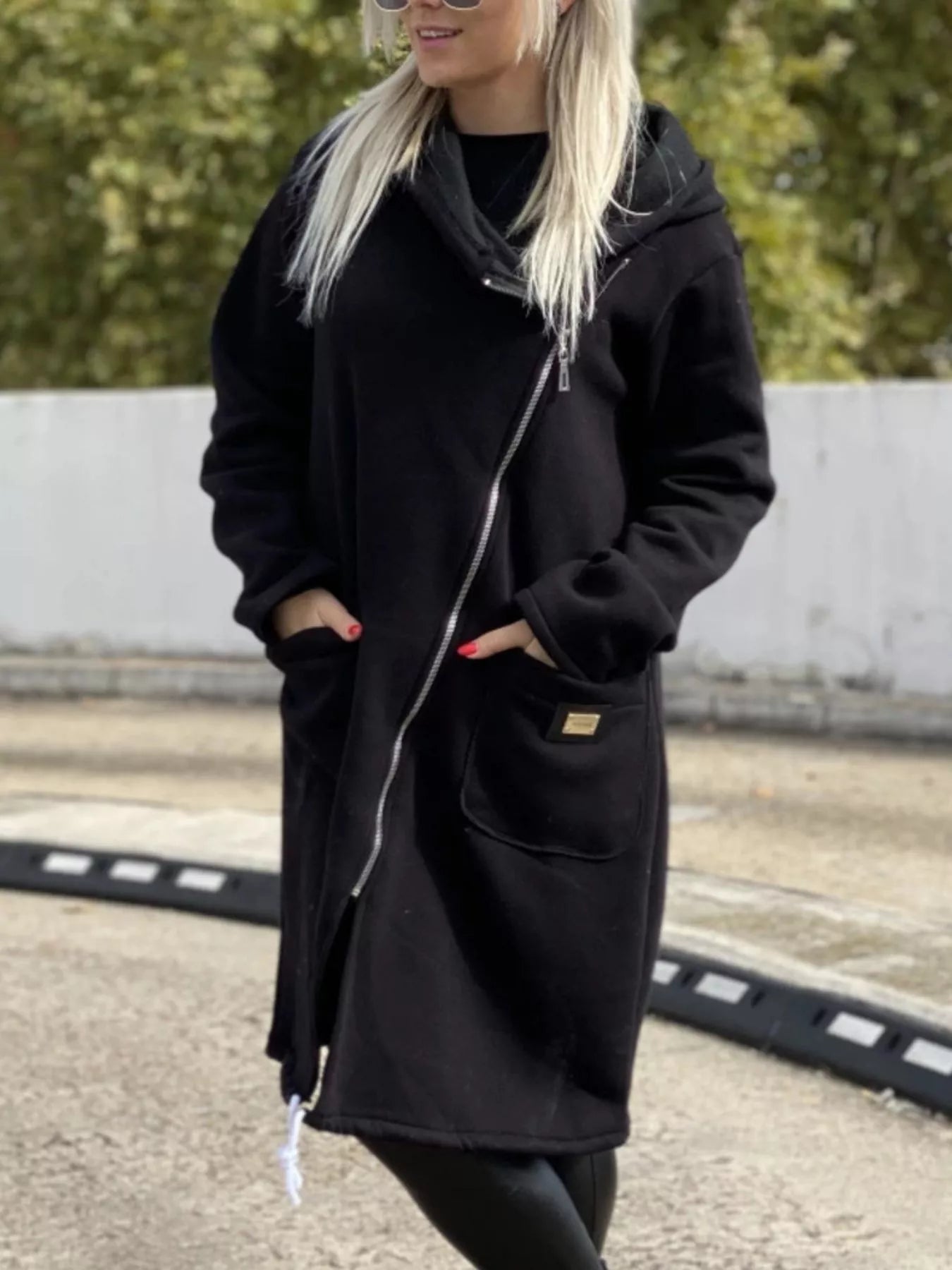 Full Size Asymmetrical Zip-Up Hooded Fleece Outerwear Plus Size 