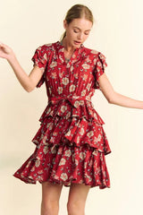 Davi & Dani Ruffle Flutter Sleeve Tie Belt Tiered Mini Dress 