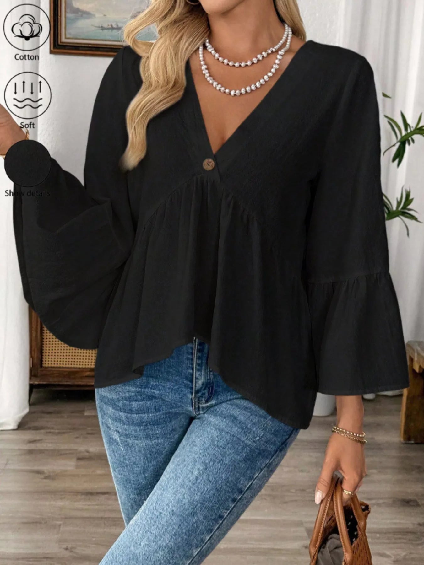 V-Neck Bell Sleeve Blouse 