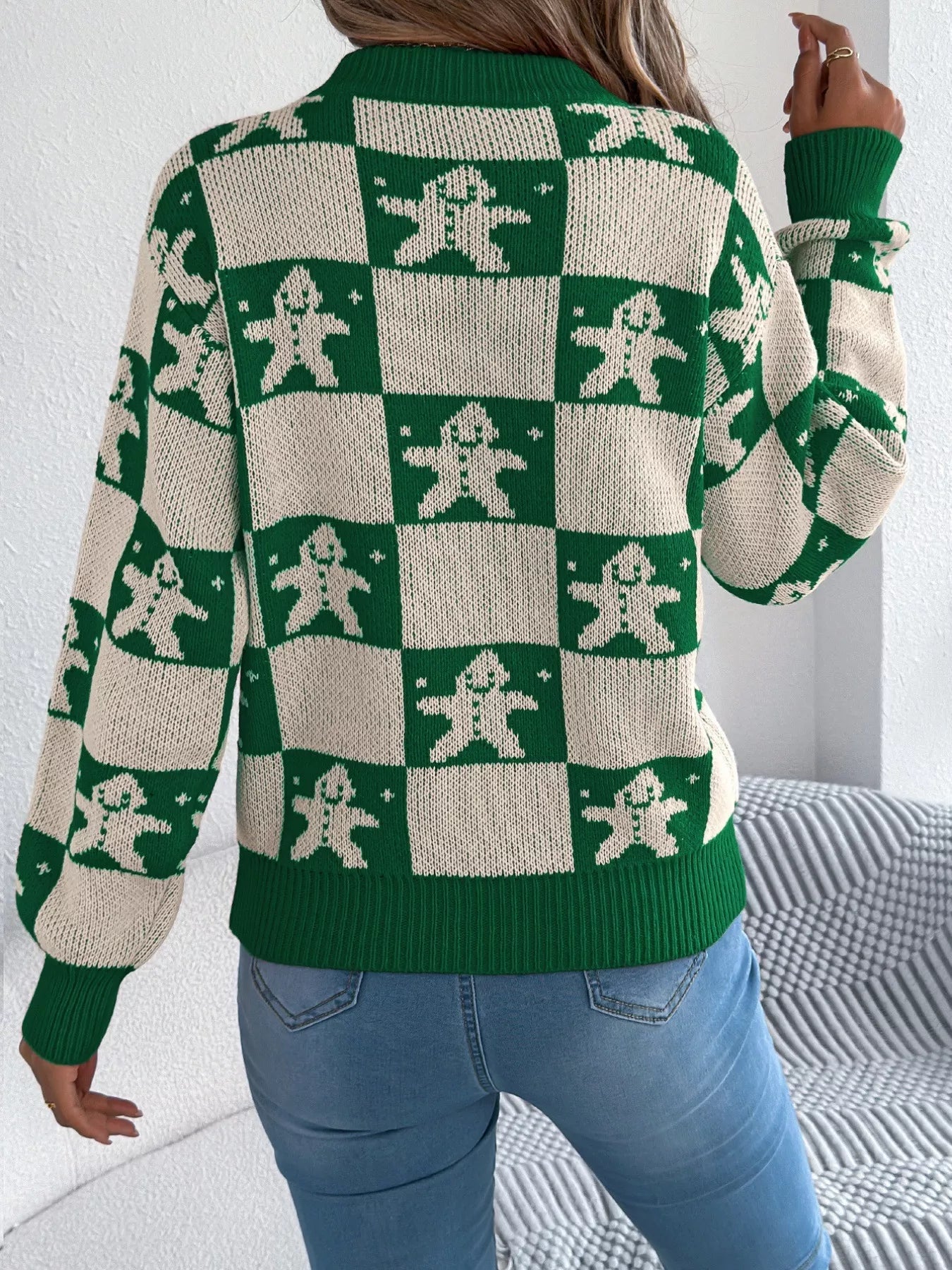 Christmas Checkerboard Gingerbread Round Neck Sweater 