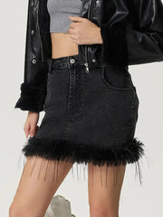 Plush Hem Mini Denim Skirt 