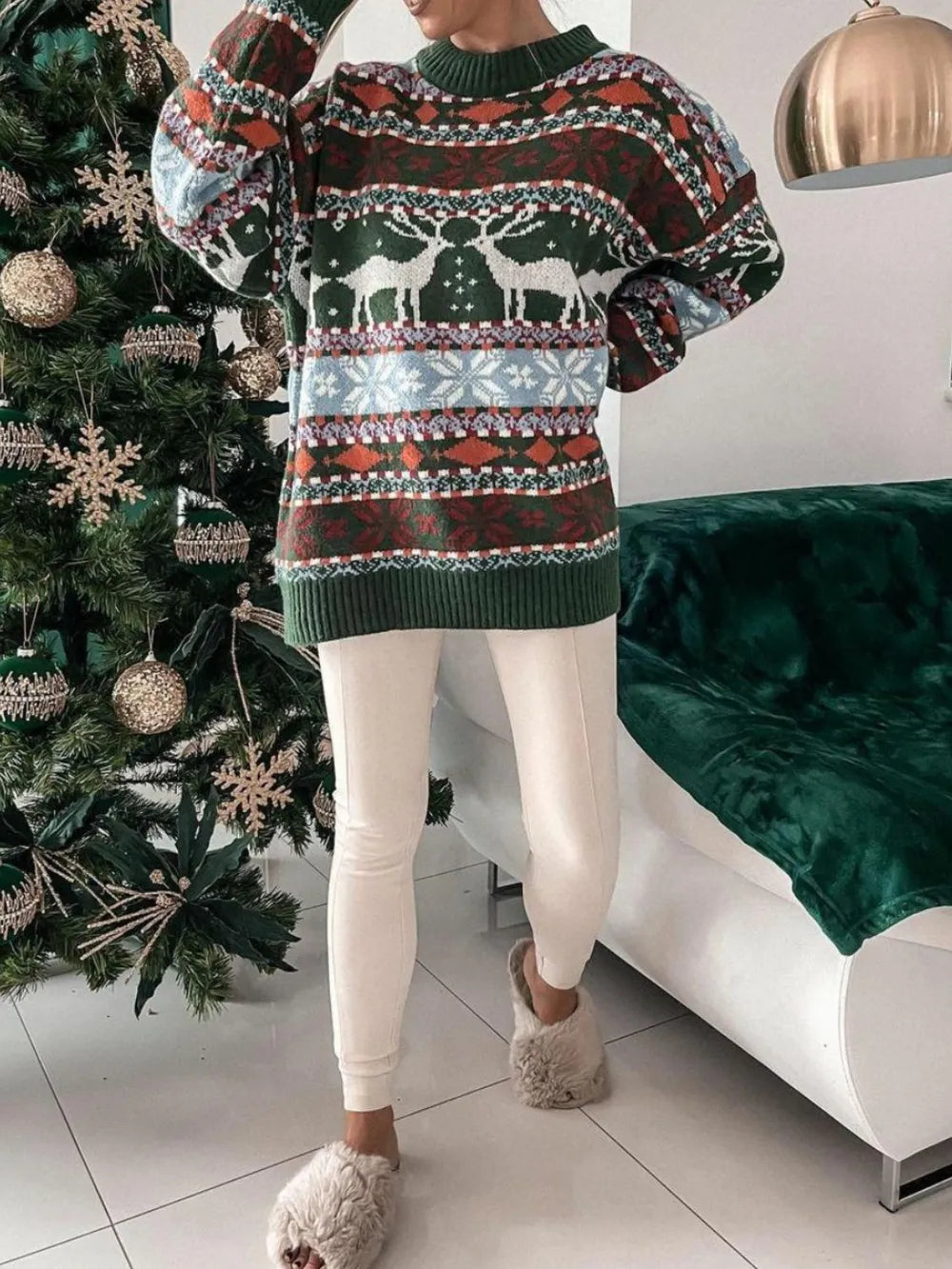 Geometric Round Neck Dropped Shoulder Sweater 