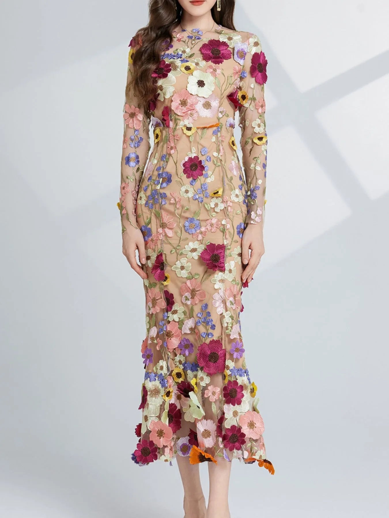 Floral Embroidered Mesh Long Sleeve Midi Dress 