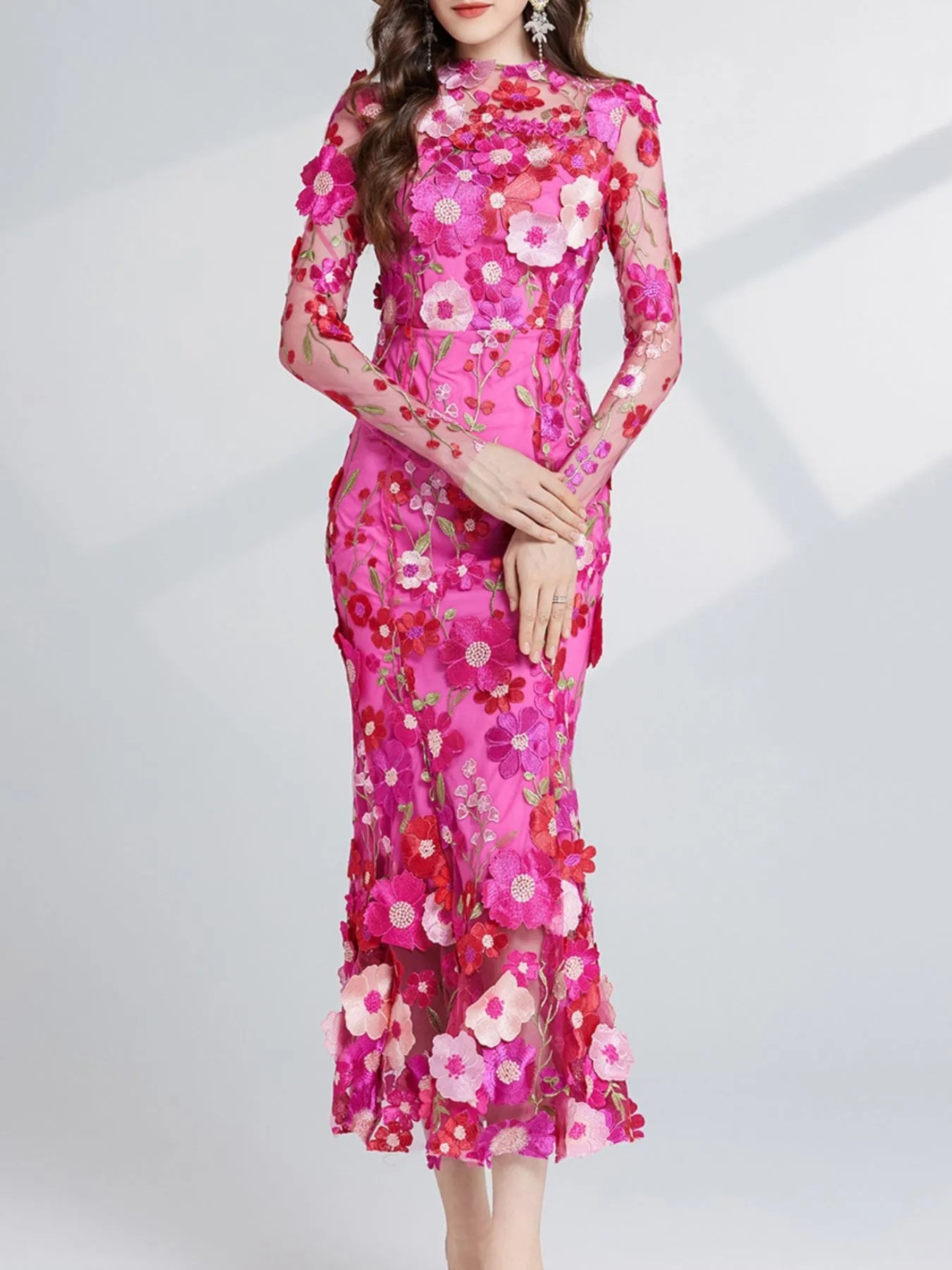 Floral Embroidered Mesh Long Sleeve Midi Dress 