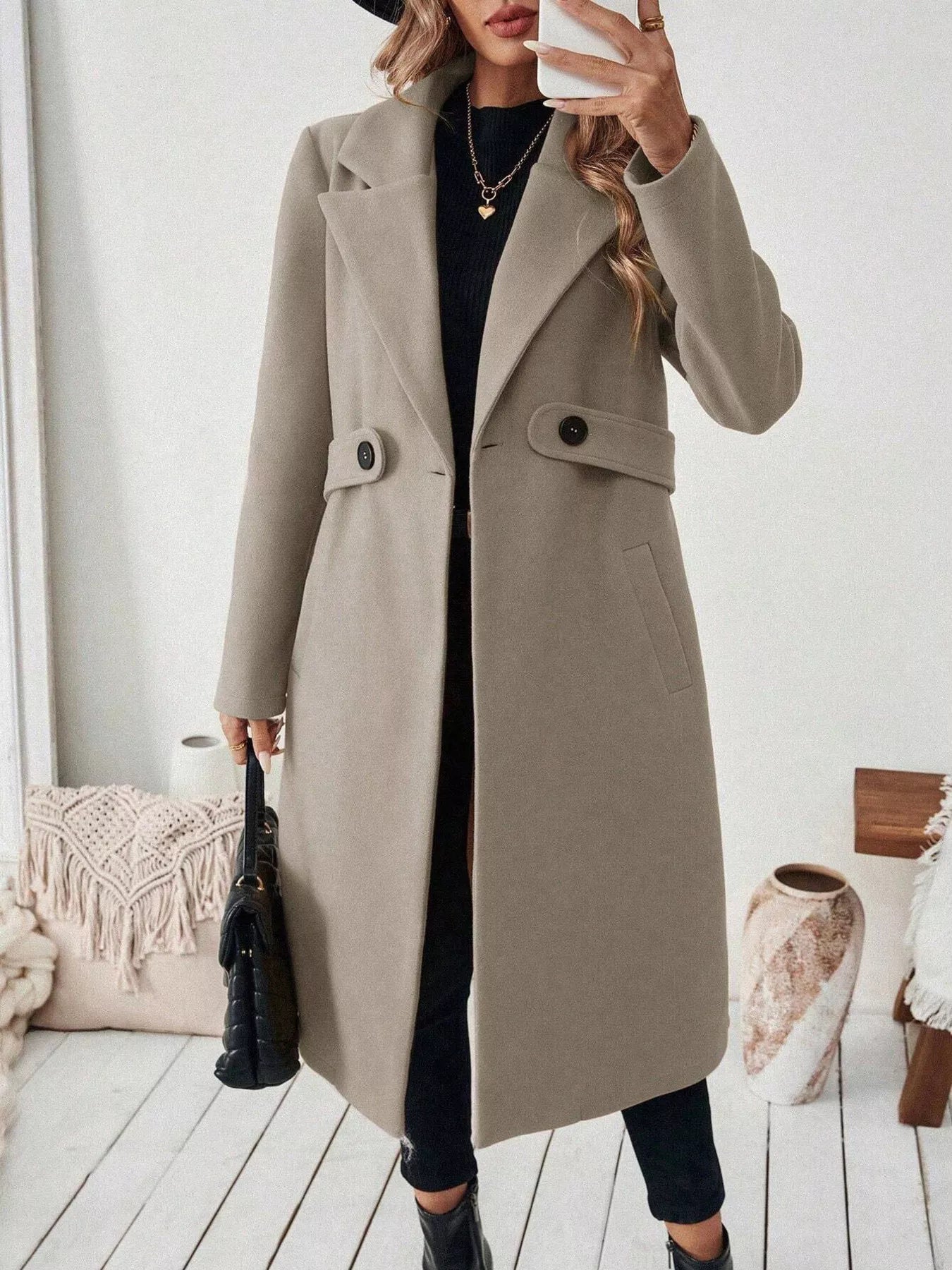 One Button Wool Blend Overcoat 