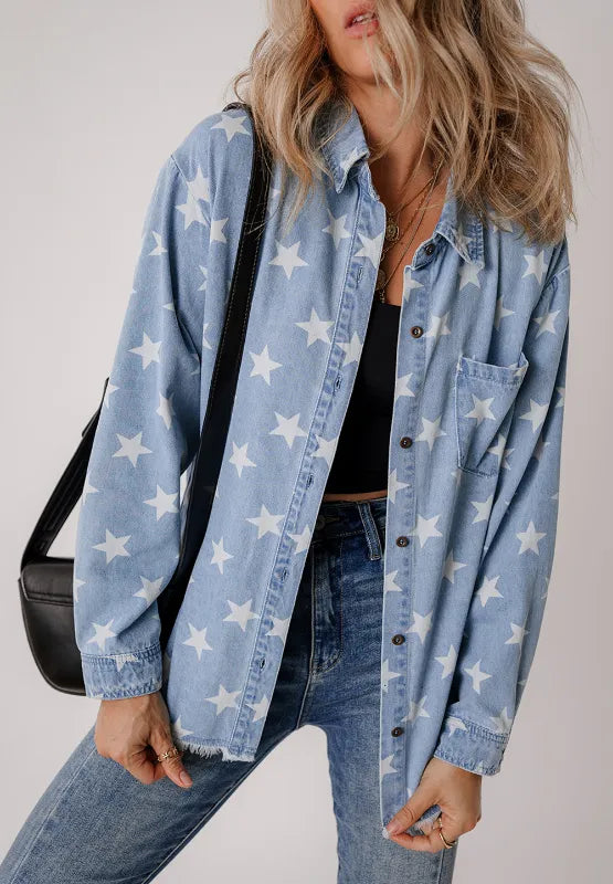 Raw Hem Star Collared Neck Denim Top 