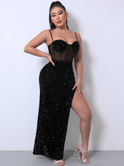 Sequin Spliced Mesh Adjustable Strap Dress 