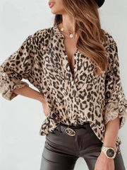 Full Size Leopard Print Roll-Tab Sleeves Blouse Plus Size 