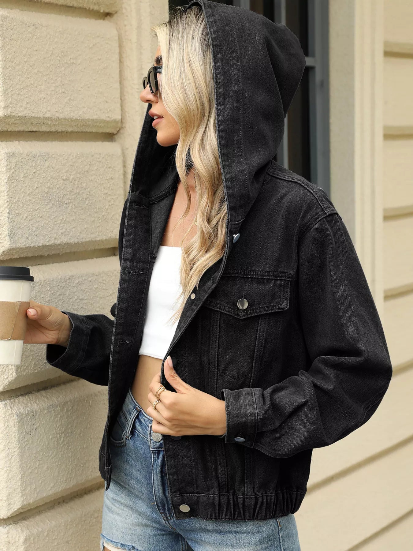 Washed Button Up Hooded Denim Jacket 