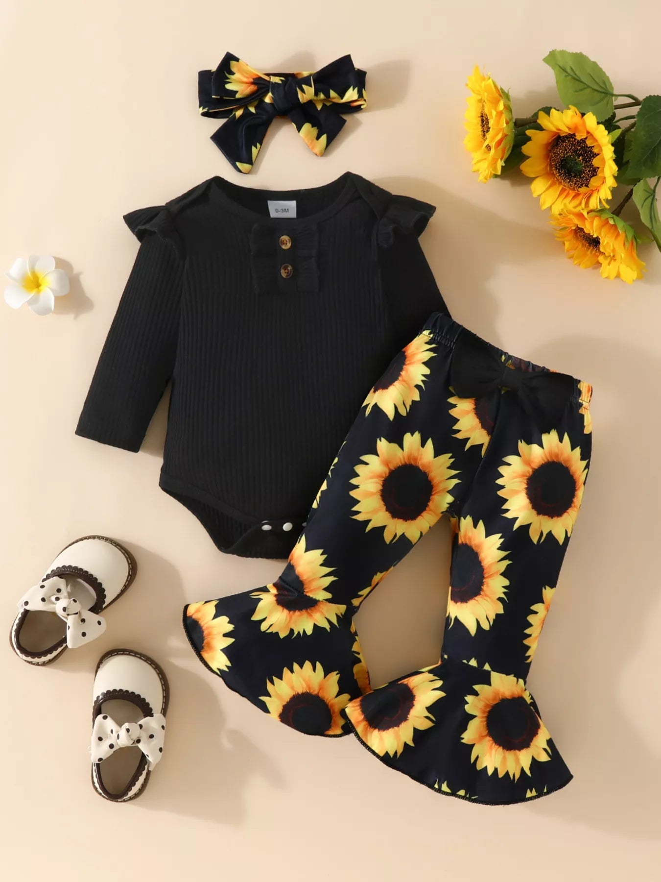 Children's Ruffled Ribbed Top and Sunflower Pants Set 