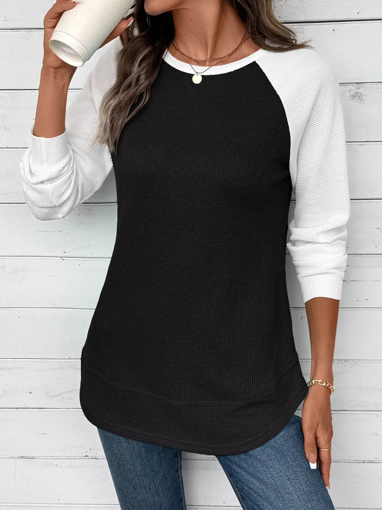 Contrast Raglan Sleeve Waffle Knit T-Shirt 