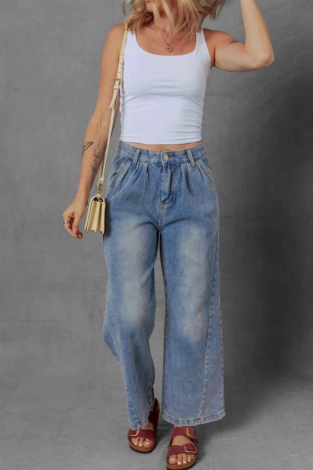 High-Waist Wide Leg Pleated Denim Jeans 