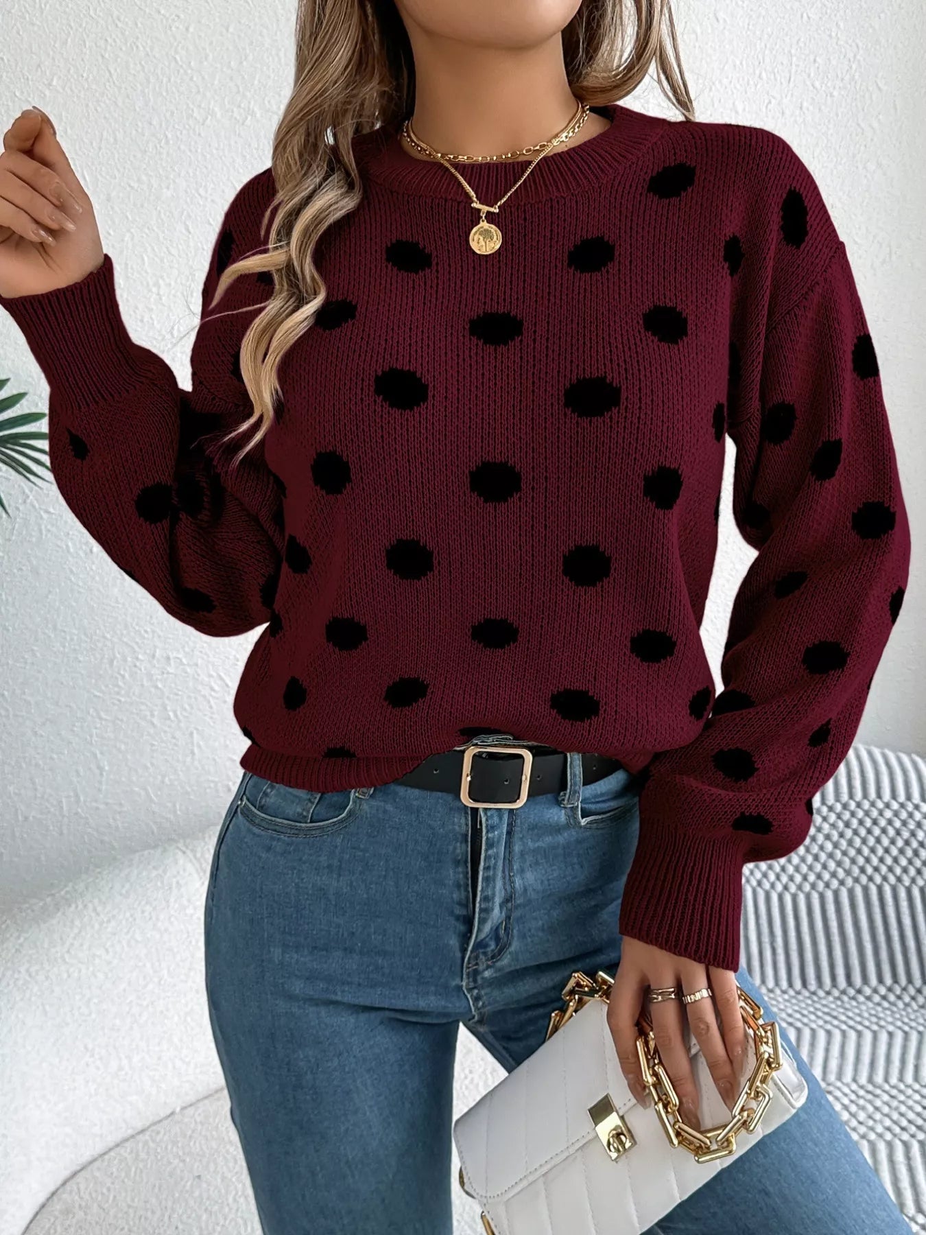 Polka Dot Round Neck Sweater 