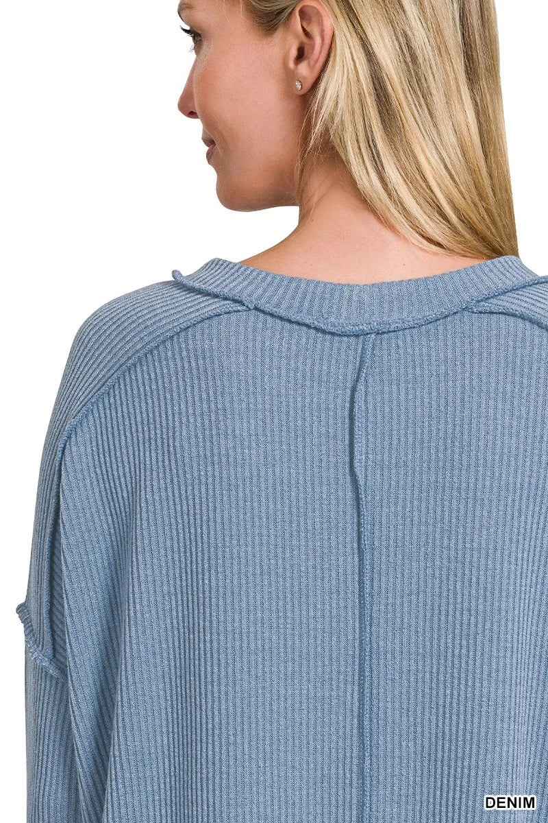 Zenana Ribbed Drop Shoulder Round Neck Sweater 