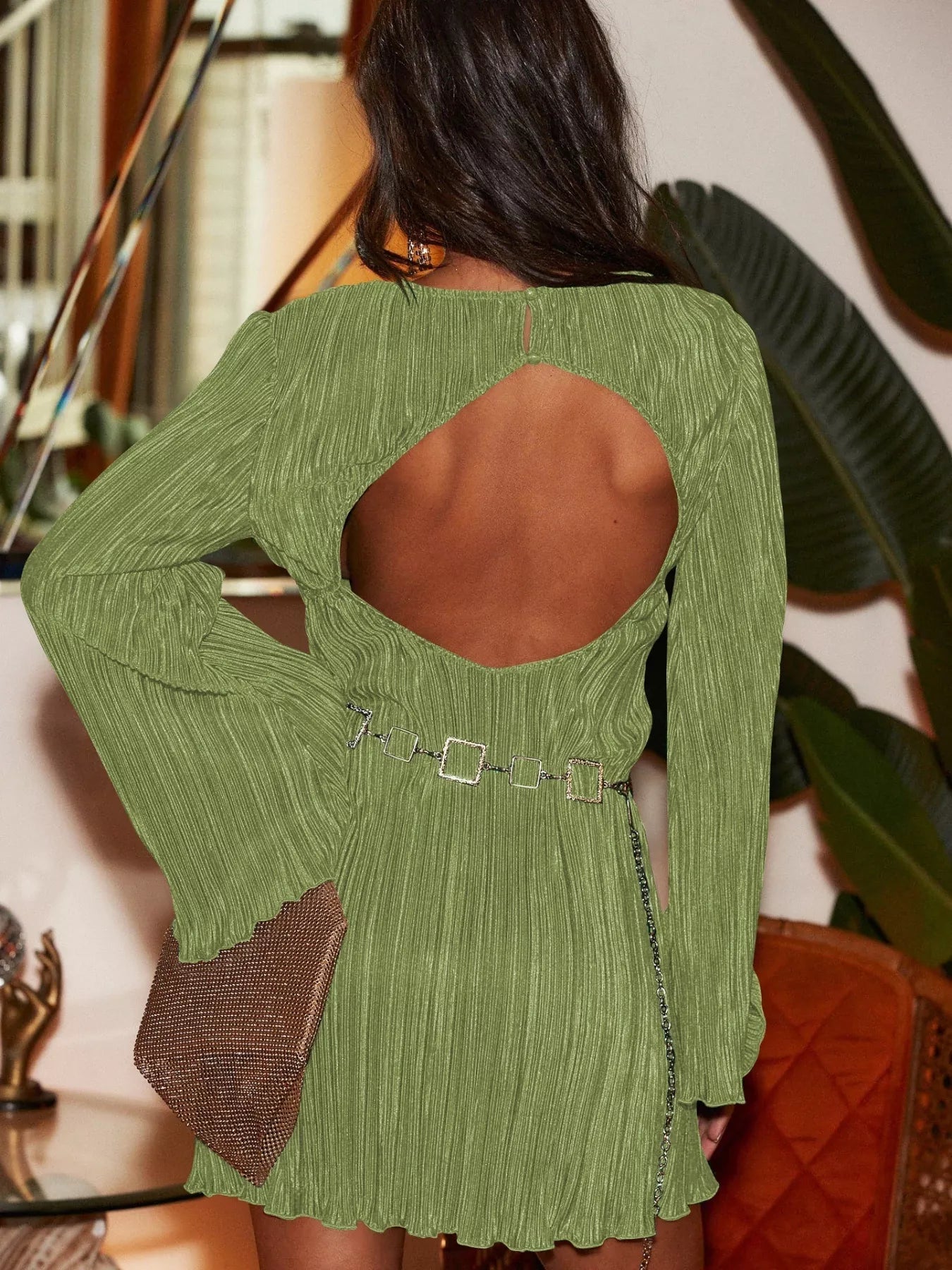 Cutout Back Flare Sleeve Dress 